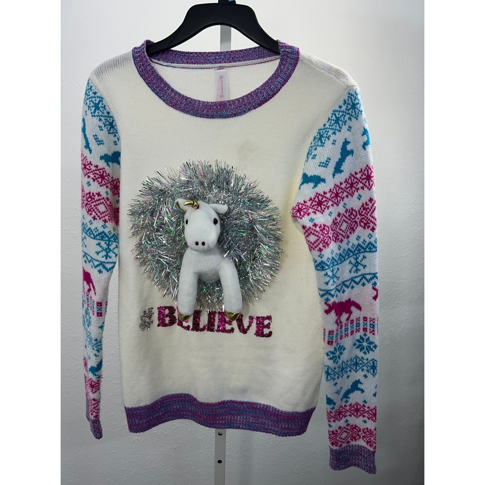 No Boundaries Unicorn Ugly Christmas Sweater Juniors Large White 3D Plush Wreath